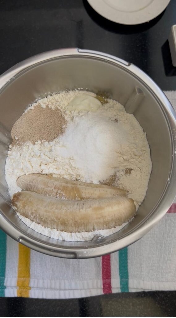 Ripe bananas, dry yeast and vanilla sugar added to the flour mixture