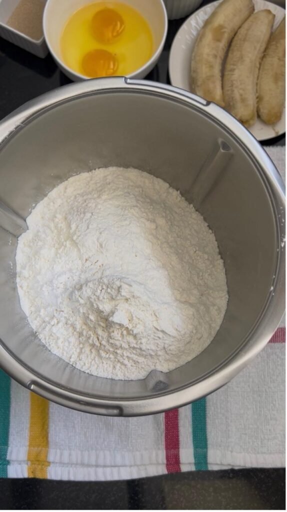 All-purpose flour in a stand mixer bowl before adding wet ingredients