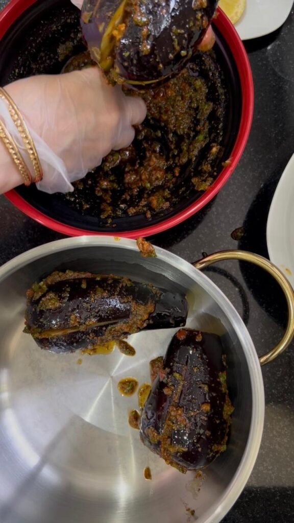 Eggplant coated inside and out with chermoula marinade