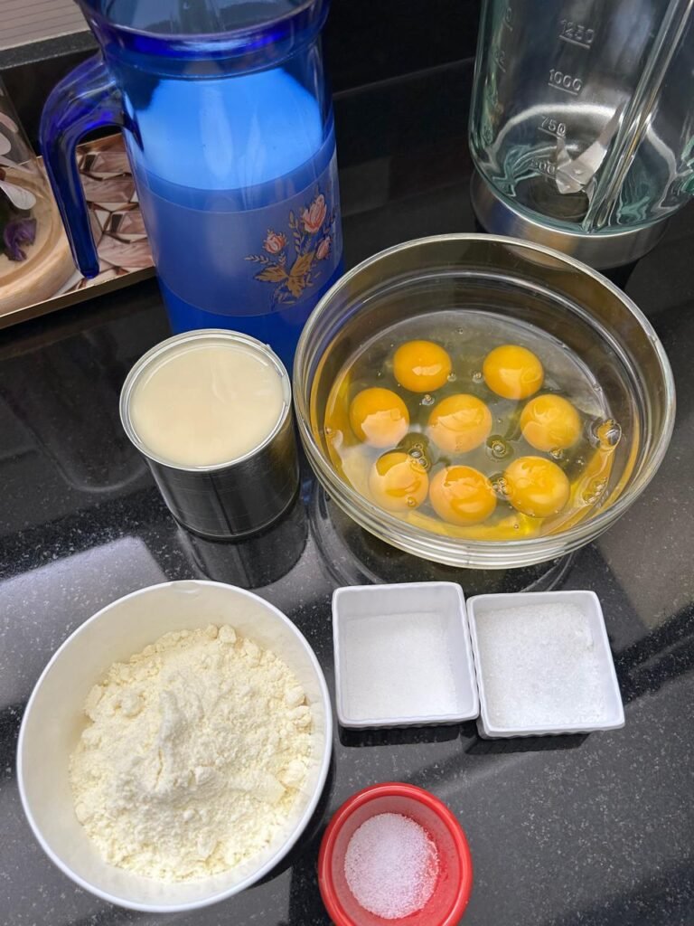 Venezuelan flan recipe ingredients: eggs, condensed milk, powdered milk and sugar