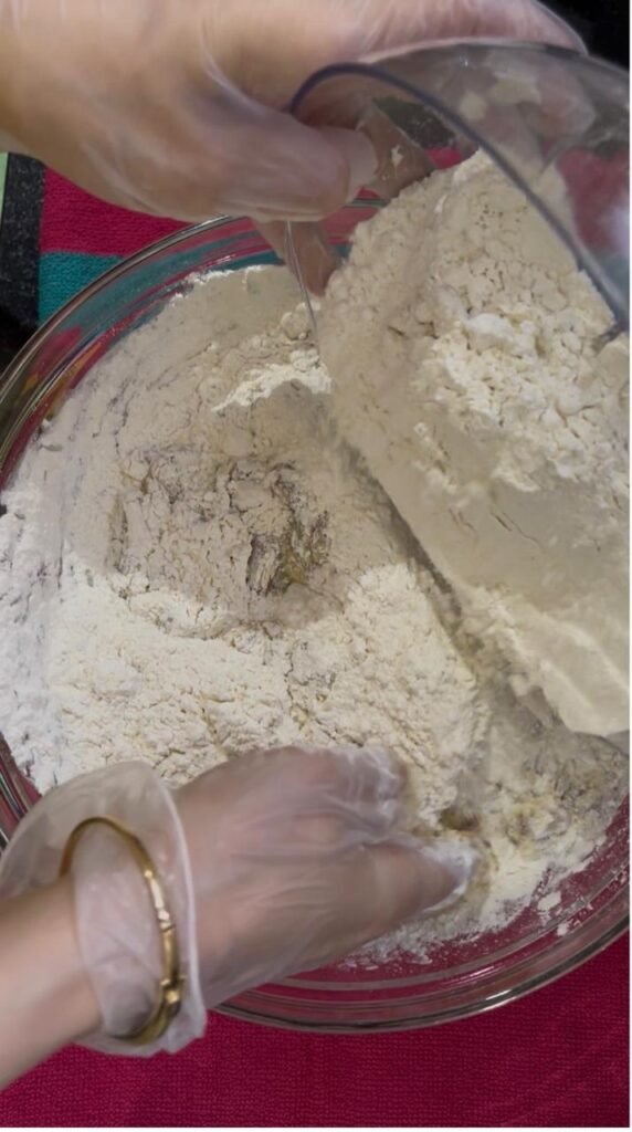 Flour being added to the shortbread cookie dough