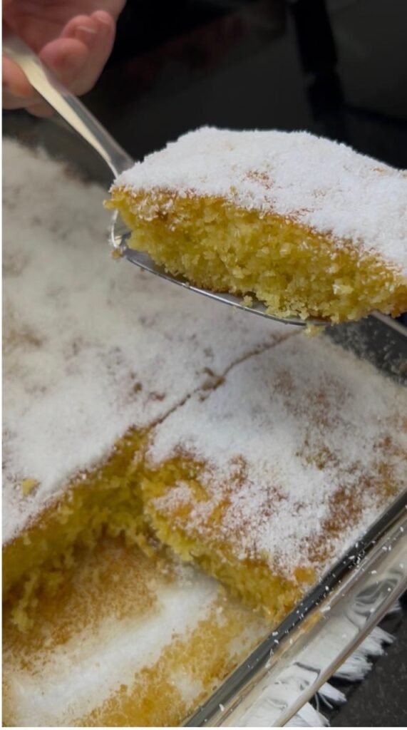 Close-up of basbousa cake slice showing tender crumb and syrup soak