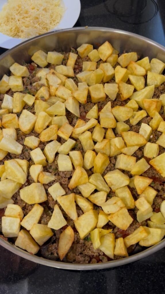 Crispy air-fried potato cubes for easy make-ahead moussaka