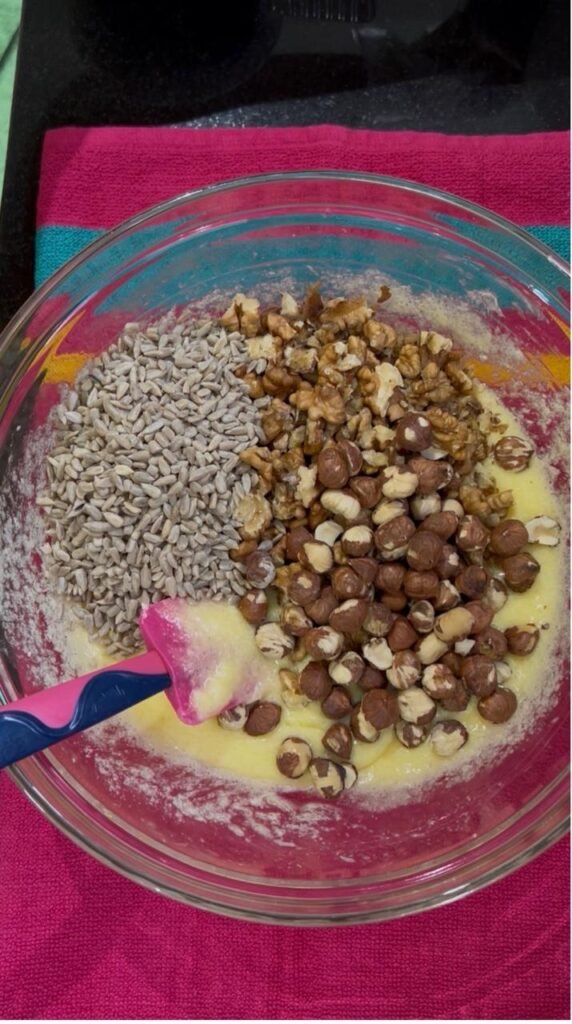 Walnuts, hazelnuts, and sunflower seeds added to the dough