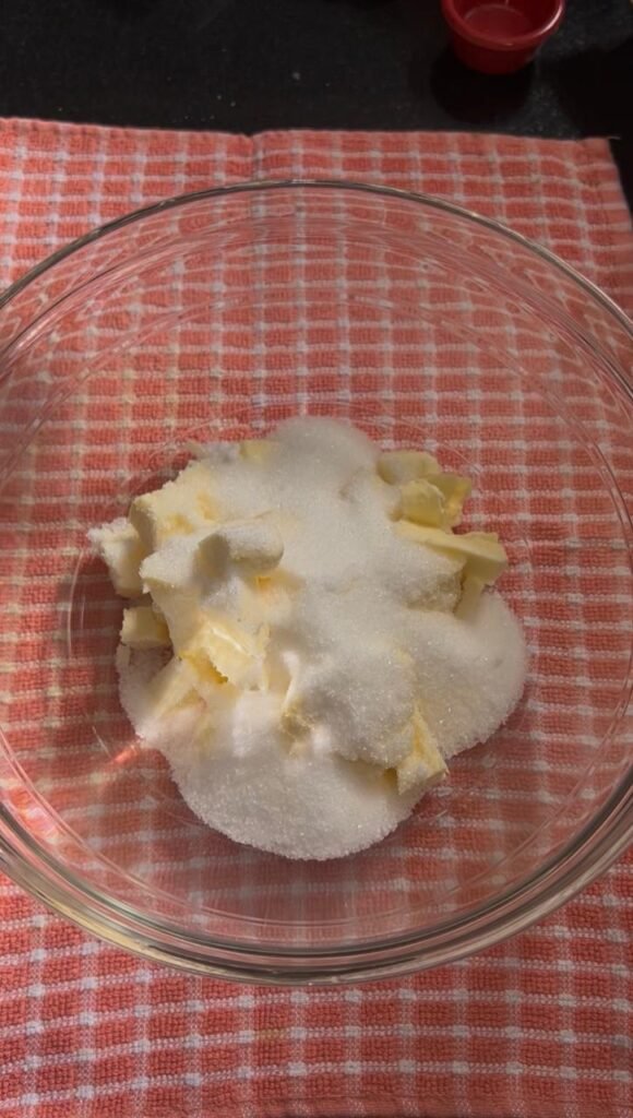 Butter, sugar, and vanilla sugar creamed together until pale and fluffy for chocolate walnut sablé cookies