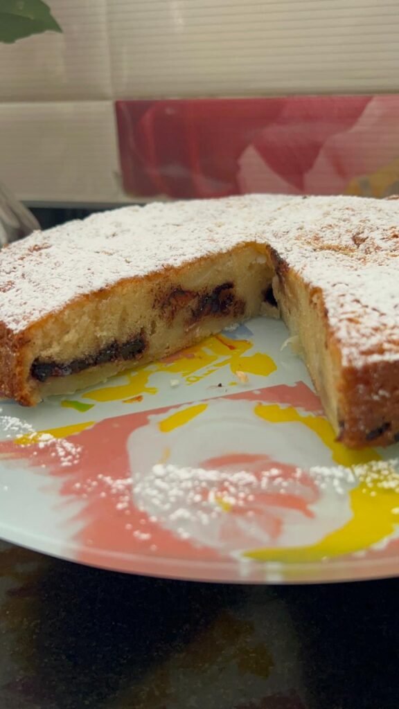 Close-up of easy peach cake crumb showing tender, moist texture